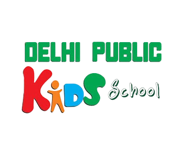 Delhi Public Kids School colorful text logo with 'DELHI PUBLIC' in green block letters and 'Kids School' in playful colorful font